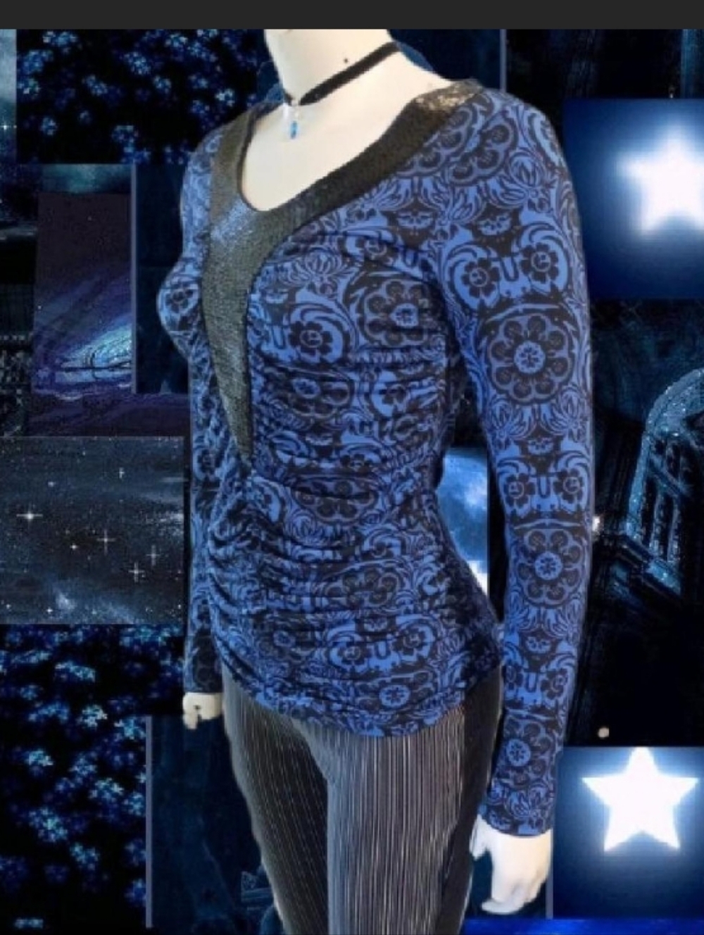 Y2K INC Sz S royal blue & black Gothic Style floral Pattern Beaded Top